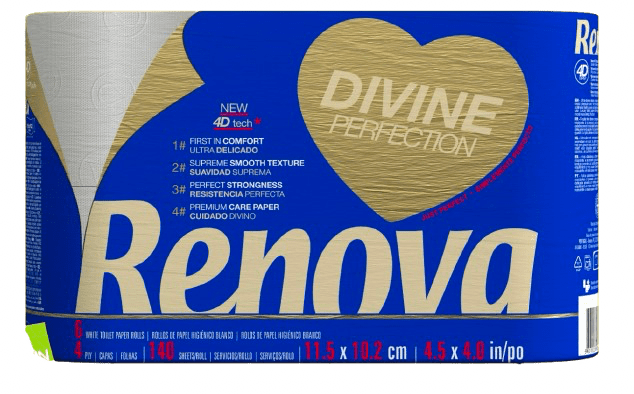 [200094810] Papel higiénico “Renova Divine” - Papel 4D - Envuelto en papel - Cuádruple - 6 rollos